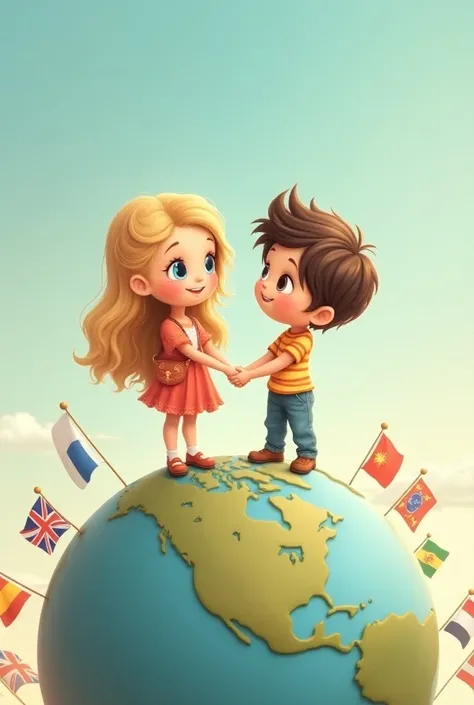 a boy a girl .  girl with blonde long hair and blue eyes .  boy with brunette wavy hair .  both standing hand in hand on a round world.  has flags of a bunch of countries on the sides .  do it in the style of a cartoon with a sweet round head.