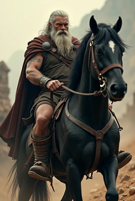 Man with tunic from the 1st century, long beard, hairy arms, strong, Riding on top of a horse, Furious black horse, cold and calculating man, long, white hair, beard, cold, Running the horse, ancient. gta 6 style
