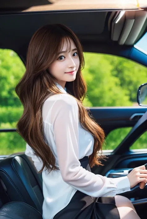 Highway in the sunset sky 、Im driving a big truck while sitting in the drivers seat、 very beautiful Japanese woman 28 years old （ slender、Brown Hair、 long wavy hair 、 white shiny blouse 、Black tight skirt）Beauty、Idol、Nogizaka46、 looking at a real person 、r...