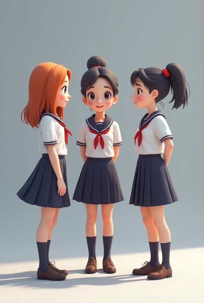 3 cartoon young girls, wear school uniform coming talking each other grey background realistic ultra 8k quality 