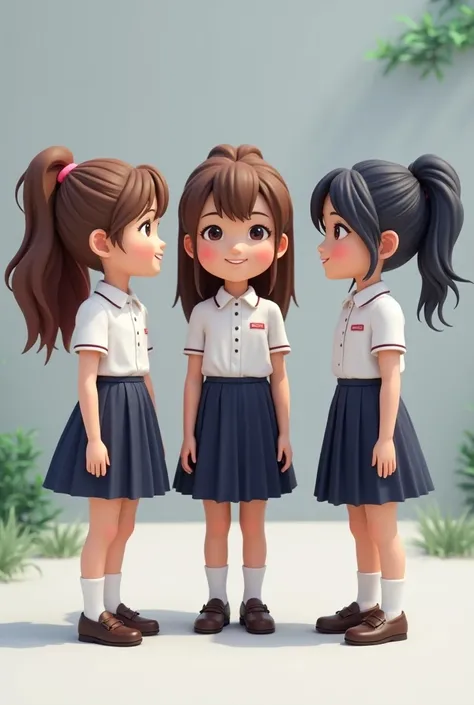 3 cartoon young girls, wear school uniform coming talking each other grey background realistic ultra 8k quality 