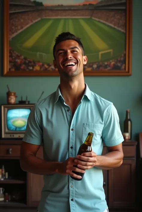 hyper realistic photo of CRISTIANO RONALDO standing up to his waist, smiling with laughter, Cristiano Ronaldo wore a pale blue button-down shirt with short sleeves Cristiano Ronaldo held a bottle of beer in his hand, the blurred background shows a room wit...