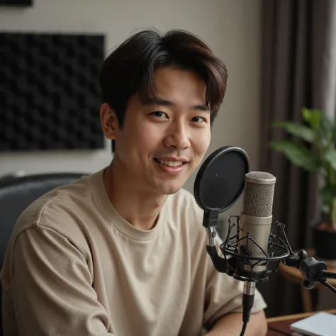 Create a hyper-realistic image of a Japanese-American male podcaster in his late 20s, seated in a professional podcast studio. He has short, well-groomed hair and a warm, focused expression. He is speaking into a high-quality microphone on an adjustable st...