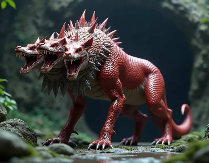 Create a beast that resembles a wolf with three heads, the body is shaped like a wolf but the skin is covered in snake like scales all red and shiny, the three heads are shaped like wolf heads but they dont have hair on them, instead of hair on the three h...