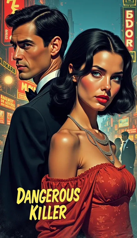 Create a striking 1960s movie poster for a film titled "Dangerous Killer." a beautiful cute modest assassin with sleek black hair styled in an iconic 1960s fashion. She has beautifully detailed eyes with  and long eyelashes that enhance her alluring gaze. ...