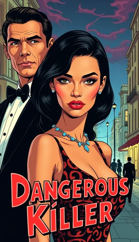 Create a striking 1960s movie poster for a film titled "Dangerous Killer." a beautiful cute modest assassin with sleek black hair styled in an iconic 1960s fashion. She has beautifully detailed eyes with  and long eyelashes that enhance her alluring gaze. ...