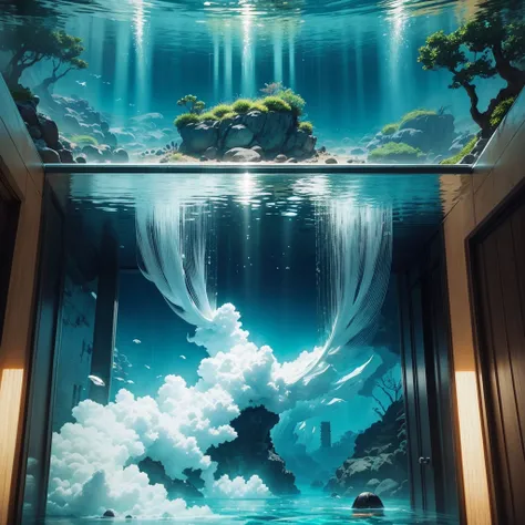 There is a super huge underwater open-air bath。There is a super huge open-air bath with glass in the ocean。 Underwater Open-Air Bath，ＳＦ，Underwater Giant Onsen ， otherworldly，Mysterious， Best Quality， anime picture ，masterpiece，Foot bath，perfection， Ultra H...