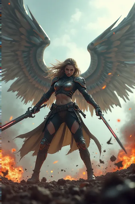 a Valkyrie , elaborate cyberpunk style outfit ,  she swung a big sword in the middle of battle,  beautiful face full of determination , in action pose,  atmosphere in warfare , huge wing spread across on behind her, dramatic, ultra detail, massive debris e...