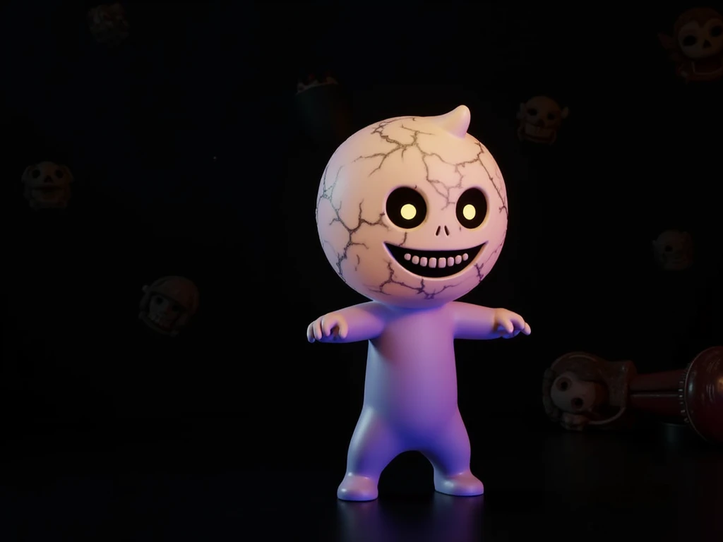 Create a 3D CoComelon-inspired character with a spooky twist, capturing an unsettling, ghostly appearance while still being recognizable. The character should have pale, shadowed eyes with a faint glow, and a slightly distorted, cracked texture on their us...