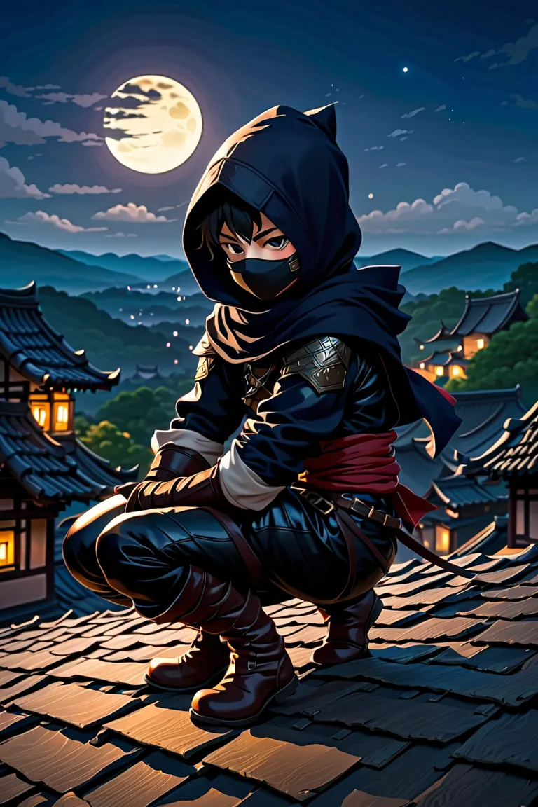 1 boy, a ninja in leather armor , wearing a hood.scarf,masked,leather gloves.boots. middle ages in the dark night,hand rope ,mid...