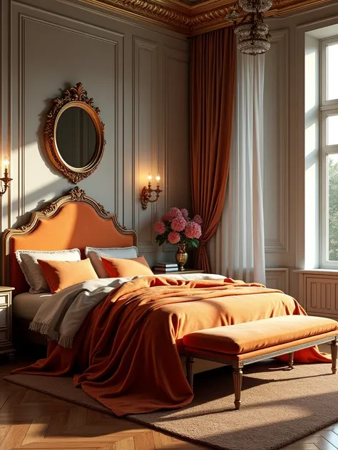 a neoclassical bedroom with cinnamon slate velvet head board and blanket  a bench at the foot of the bed. With baby blue crystal wall lams and golden neoclassical full lenght mirror. With long windows and sun light on the wooden flooring. Hyper realistic