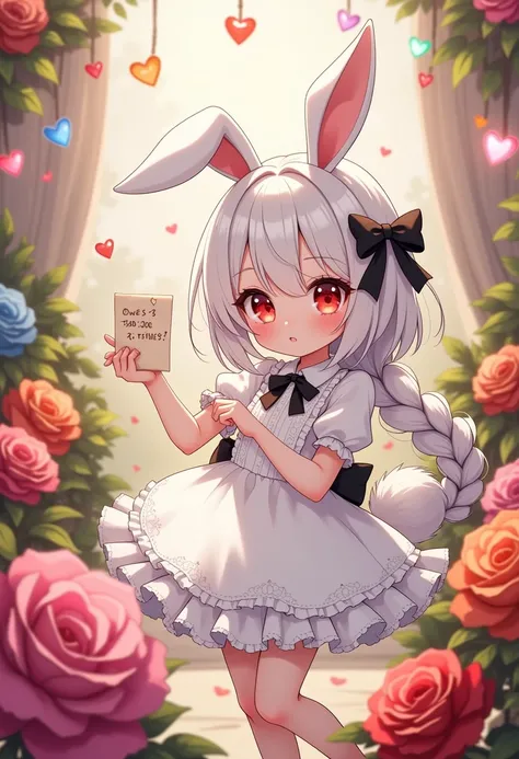 Cute anime-style chibi girl(red eyes,white rabbit ears, wearing pretty white dress embroidered with shiny white silk, luxuriously braided long white hair, big black hair bow) is holding out to viewer a cute love letter written “OWE YOU 3000 WITH LOVE” by c...