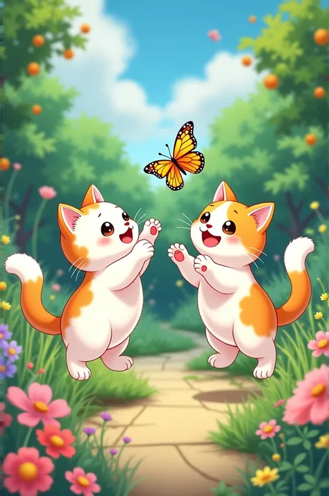 Create a anime style illustration of two white and orange cats playing with butterfly in garden.