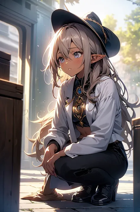 Elven female wizard wearing a large hat, dark skin, light chestnut hair in a ponytail, wearing a suit, large cut in the chest, belly button exposed, anime style, angled from below, torn clothes, painful expression, squatting, best quality