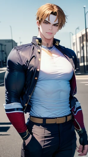 (  High-definition CG), (Best Quality),     a superhero and has a beautiful body,   hero costume , Handsome and cool young man   ,       Slim and Muscular      , My skin is brown  ,  blonde, Frivolous,   sensual vibe  ,