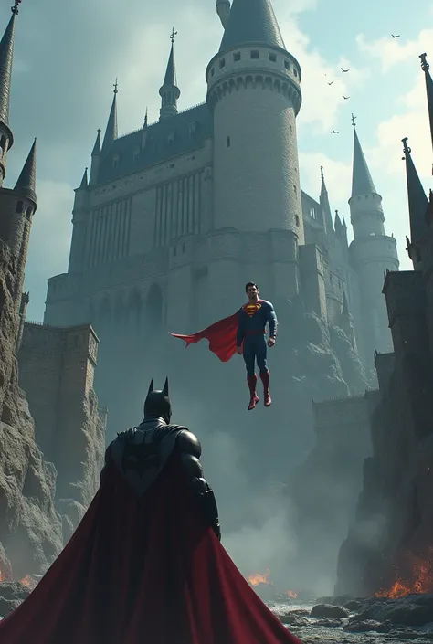 Big castle and batman and superman fighting