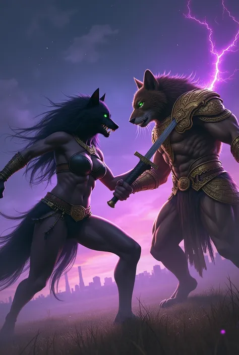 Female werewolf with black fur and beautiful emerald eyes,  Wear an Amazon-style warrior outfit . She is in an attack pose with her claws and sharp canines sample , In front of a huge feline tiger dressed in gold armor and sword.
 They are out in an open f...