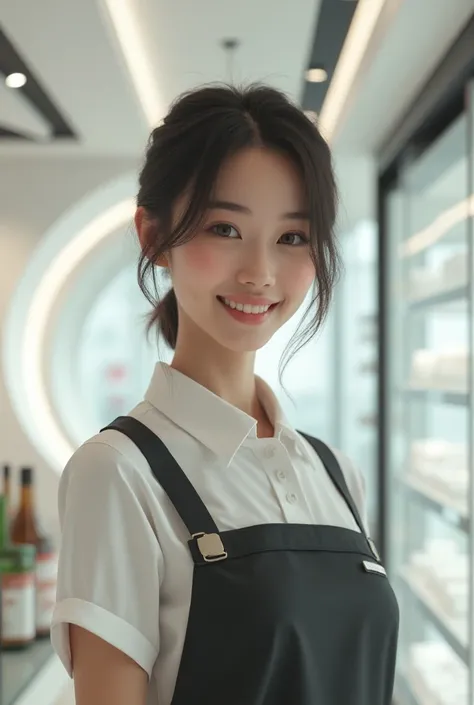 sculptural sculpture 、 high res、The Convenience Store of the Future、 Convenience store employee 、 female、１Girl clerk 、 looking at the camera 、laugh、 、 The cashier is also pretty 、 The cashier is pretty {x} Her skin is white and beautiful.、 Short, beautiful...