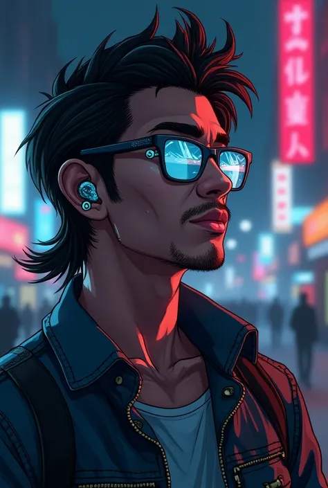  Cyberpunk illustration of a 30-year-old Hispanic man, Medium black mullet hair , denim vest and jacket , glasses with cyan lenses , with behind-the-ear neural implants connected to a cyberterminal
