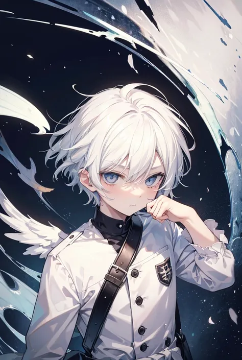 The boy with the white hair Fallen Angel has a cheeky expression on his face