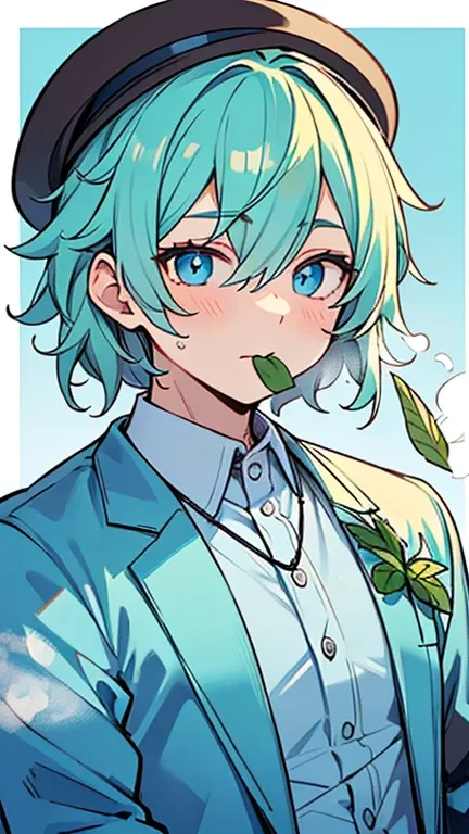 (( Man with steamed mint-colored hair and blue eyes)),((Im wearing light blue clothes like a college student)),((Wearing a brown hat )),bangs, hair between eyes