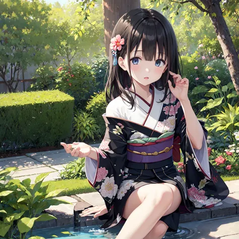 Black Hair、Wearing a kimono、Kachofuzukis kimono 、Squint your eyes、Distant look、 like a Japanese doll、 one girl playing pranks、garden