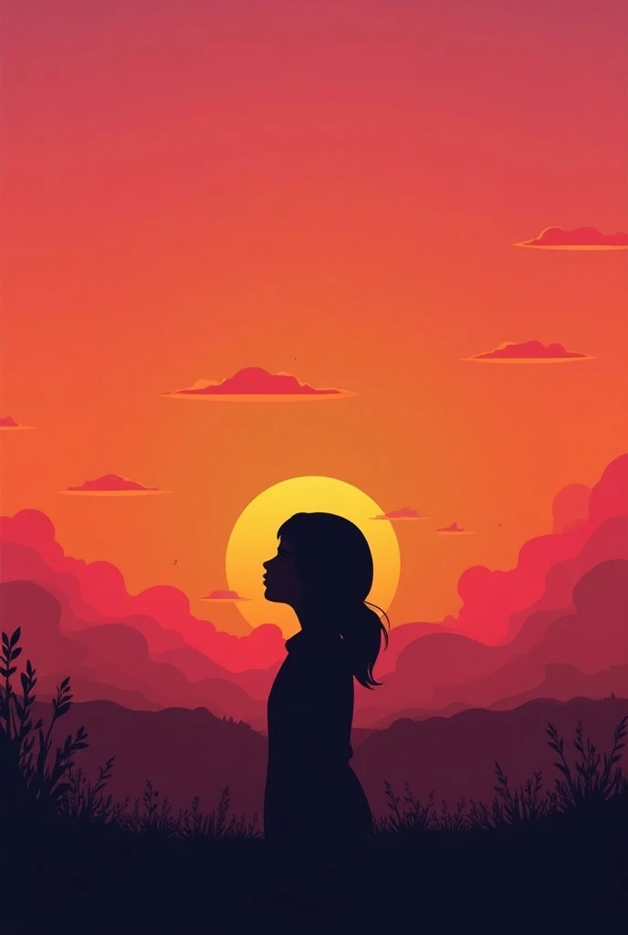 a digital art that is portrait and is a sunset but make it simple and minimalist, make a girl watching in the side