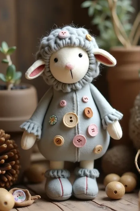 Cute sheep , made of light gray fabric with button patches and Kazakh ornaments in felt boots 