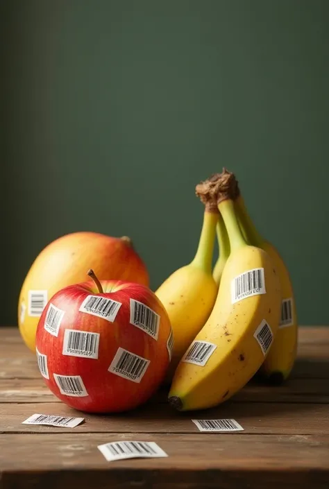 an apple a mango and a banana with a lot of barcode stickers with numbers on them, on a wooden table