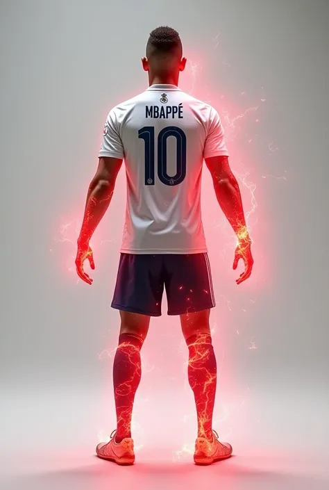 
Realistic Mbappe wearing Real Madrid football shirt with number 10 turns into a red flashing human 