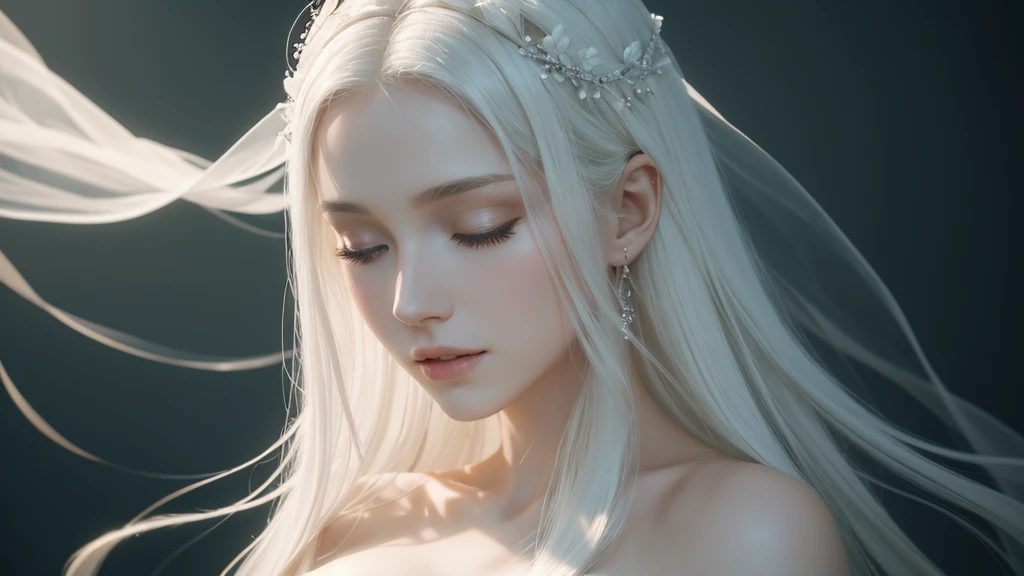 clesch, wearing elegant white dress, long white hair, pale skin, sexy big breast, closed eyes, pale thin lips, singing, soft lighting, goddess atmosphere, simple light luminous black background (best quality,4k,8k, high-resolution, masterpiece:1.2), ultra-...