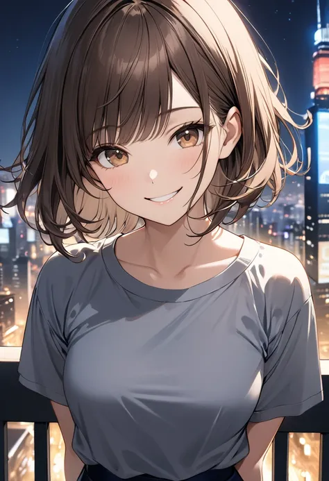  tilting your head , ​masterpiece、top-quality, Brown Hair, Medium Hair, bangs,  Brown Eyes , 18-year-old female, T-Shirts, (Wearing a grey jacket), (Navy Blue), ( pencil skirt),  black pantyhose、(smile:1.3)、  is standing、The background is a night city、Bold...