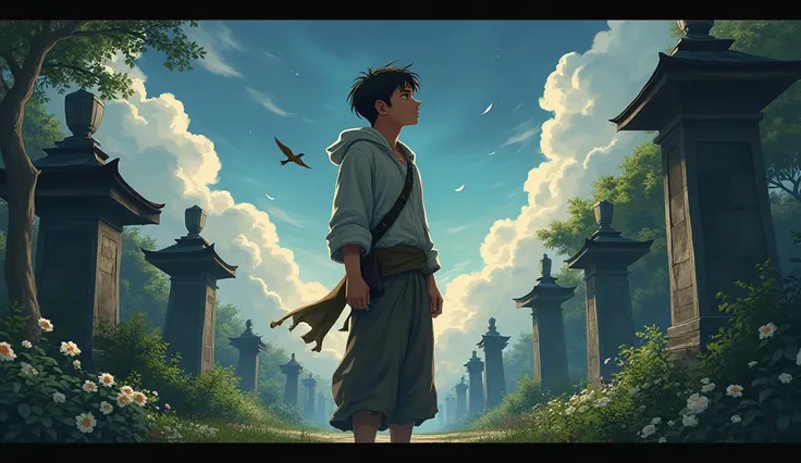 In the monk’s garden, the young man looking distracted by birds and distant sounds and looking up . His clothes are dirty and poor without anything with him . The garden has flowers, plants, and stone statues, with the sky darkening. Anime style 
