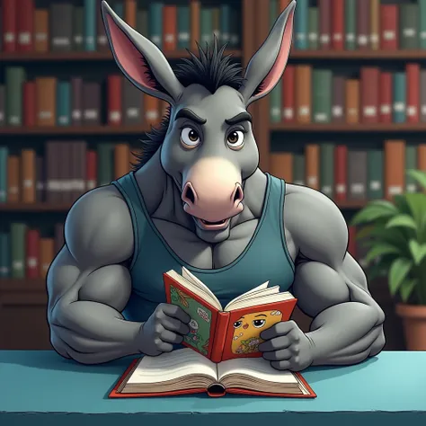 A gray muscular donkey furry jock sits in a blue chair at a library table reading a cartoon-style book