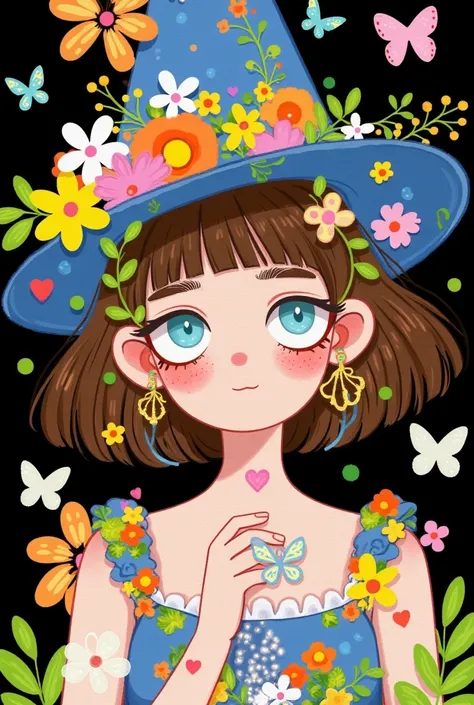 1girl, aqua eyes, artist name, bangs, black background, blue butterfly, blue flower, blunt bangs, brown hair, bug, butterfly, closed mouth, daisy, flower, hat, hat flower, jewelry, leaf, long hair, looking at viewer, orange flower, petals, pink flower, por...