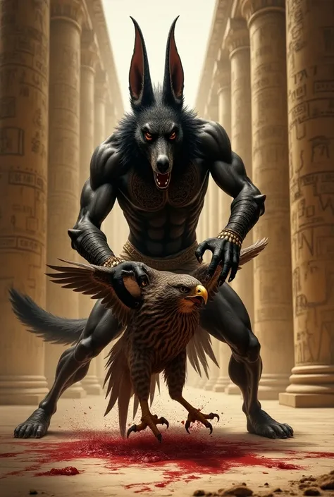 Create an image of an Anubis Killing a falcon and the hacon shedding blood