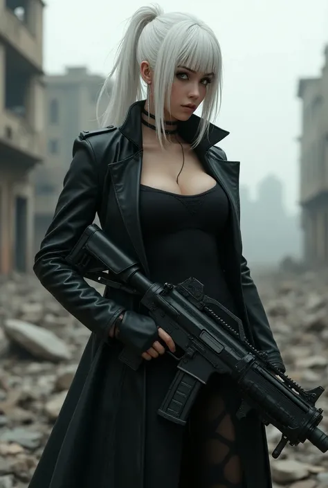  A girl with big breasts with white hair gathered in one basket, with strands on her face , in a black coat, against the backdrop of a ruined city, post-apocalypse, with a machine gun in his hands