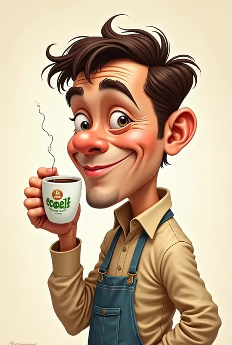 Create a caricature-like person drinking a cup of coffee from "Ecoeli-COF " 