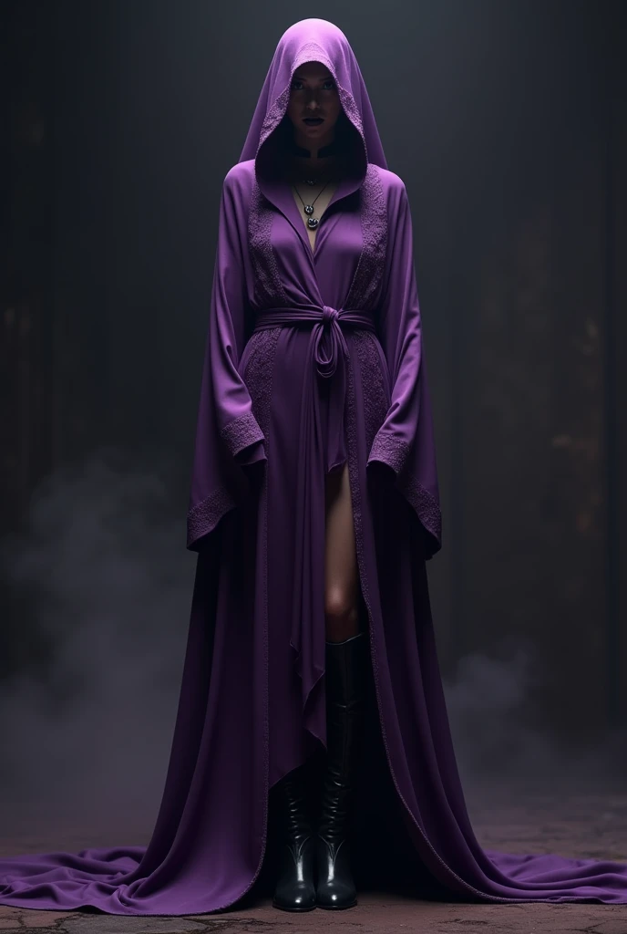 Make a purple robe with black heeled boots