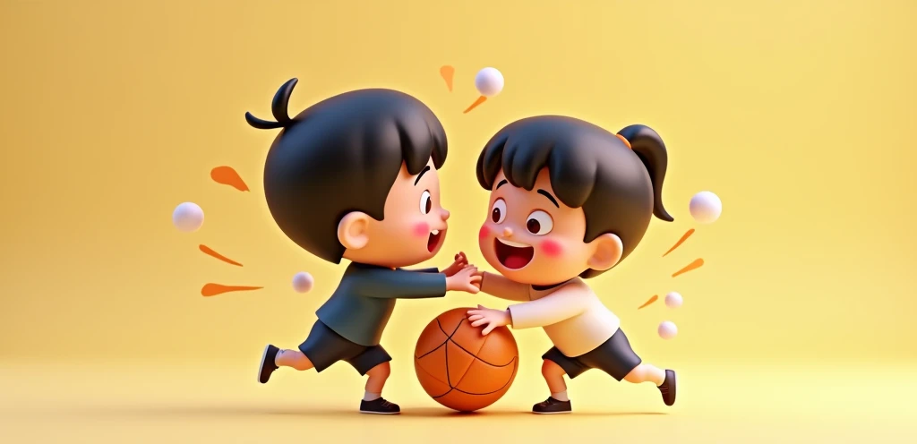 2 students fighting ball ,  2 students fighting chibi 3D animation style