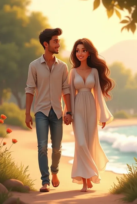 "A beautiful girl wearing white clothes with beautiful hair, and a boy dressed in jeans. They are walking together, showing a loving, husband-wife relationship. They are in a beautiful setting, like a park or a beach, with soft lighting and a gentle breeze...