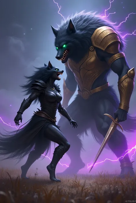 Female werewolf with black fur and beautiful emerald eyes,  Bring a warrior tunic style outfit. She is in an attack pose with her claws and sharp canines sample , In front of a huge Anubis Doberman-style werewolf dressed in gold armor and sword.
 They are ...