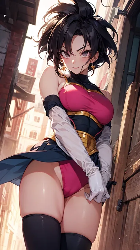 Upper body,fasha, 1girl, solo, black eyes, black hair, short hair, spiked hair, earrings, monkey tail,(saiyan armor, pink leotard), white gloves, bare shoulders,large breasts,slender,From below,(cameltoe),smile,masterpiece,Noise Reduction,perfect anatomy,h...