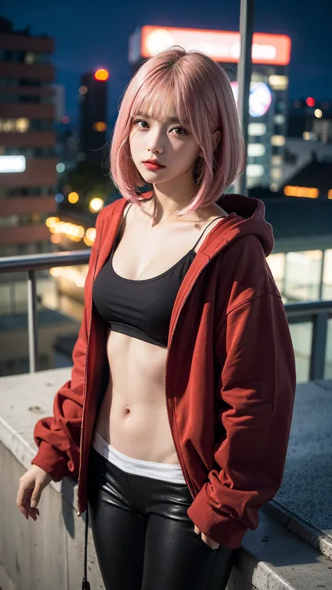 A single girl with a bob cut and pink hair, wearing a stylish red hoodie and black leggings that emphasize her large chest. The image focuses intensely on her large bust, capturing the highest quality, masterpiece-level detail in ultra-high resolution. The...