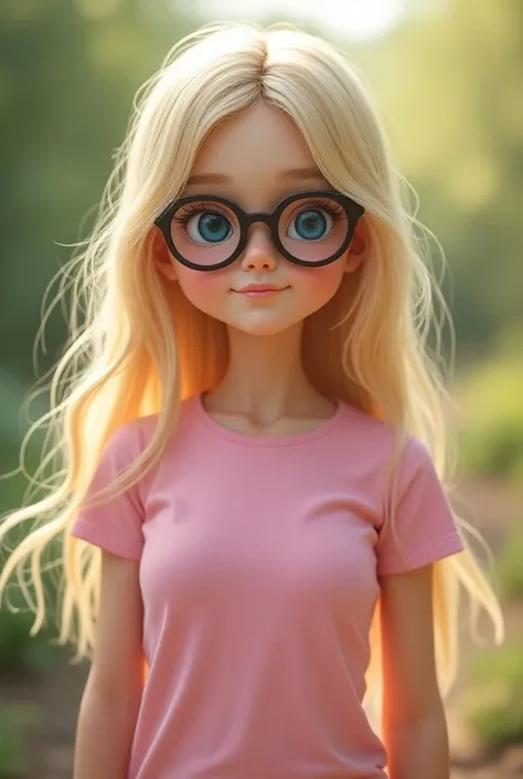 (((Ultra realistic, ultra detailed))), adorable young girl, simple appearance with long blonde hair above her shoulders, light skin, blue eyes, busty pink t-shirt, (massive bust), ((huge oversized cat-eye glasses)), outdoors nature