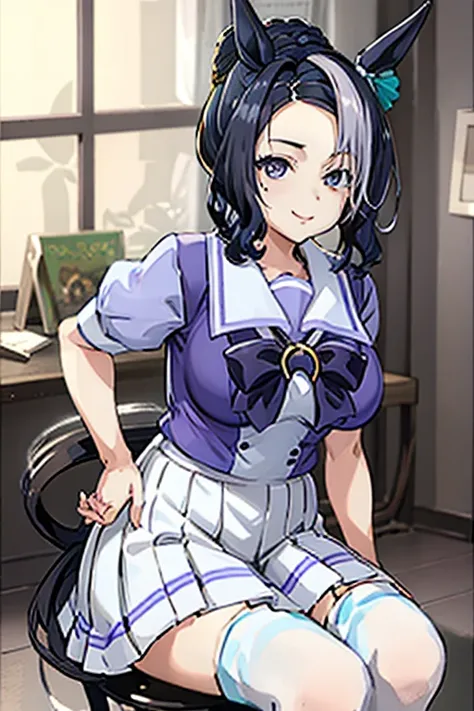 mejiro ramonu, 1girl, solo, looking at viewer, smile, , large breasts, black hair, animal ears, purple eyes,white hair, hair bun, mole, streaked hair, mole under eye, horse ears, horse girl, seductive smile,,Whole body,best quality,tracen school uniform, s...