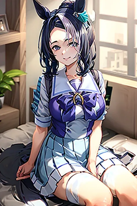 mejiro ramonu, 1girl, solo, looking at viewer, smile, , large breasts, black hair, animal ears, purple eyes,white hair, hair bun, mole, streaked hair, mole under eye, horse ears, horse girl, seductive smile,,Whole body,best quality,tracen school uniform, s...