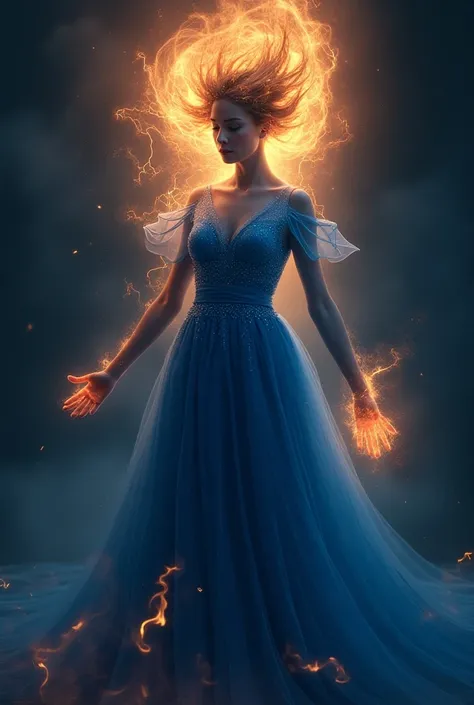 a woman with a glowing body and a glowing head in a blue dress, concept art by Johfra Bosschart, cgsociety contest winner, fantasy art, appears as the fire goddess, she has fire powers, a stunning portrait of a goddess, goddess of lightning, djinn human hy...