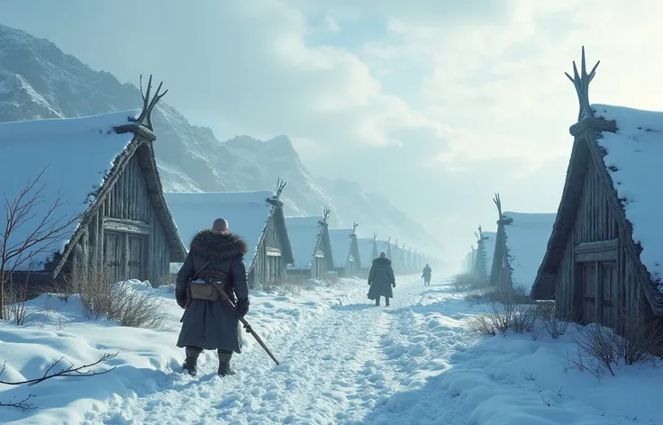 Create the image of a NORDIC CITY IN THE SNOW WITH VIKINGS WORKING