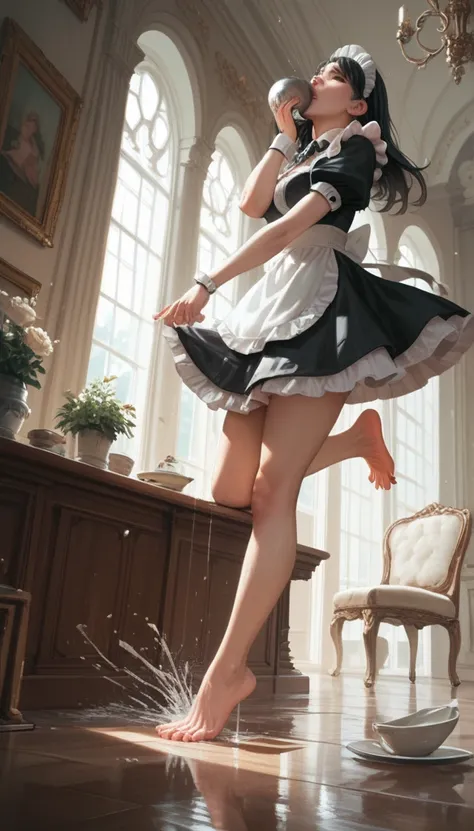 Anime Women, Maid, barefoot, raised leg, Stomping of feet on throat, Stomping of feet on neck, looking down, throw